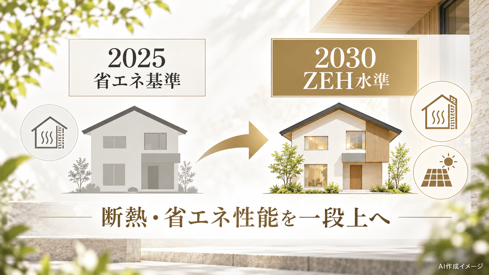 2025年の省エネ基準と2030年に向けたZEH水準を比較したイメージ