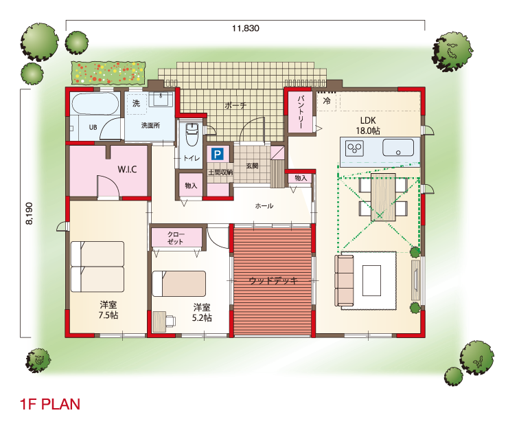 中庭とつながったウッドデッキのある平屋の家